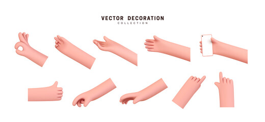 Hands set of realistic 3d design in cartoon style. Hand shows different gestures signs. Vector illustration © lauritta
