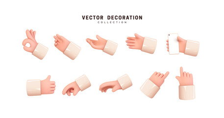 Hands set of realistic 3d design in cartoon style. Hand shows different gestures signs. Vector illustration © lauritta