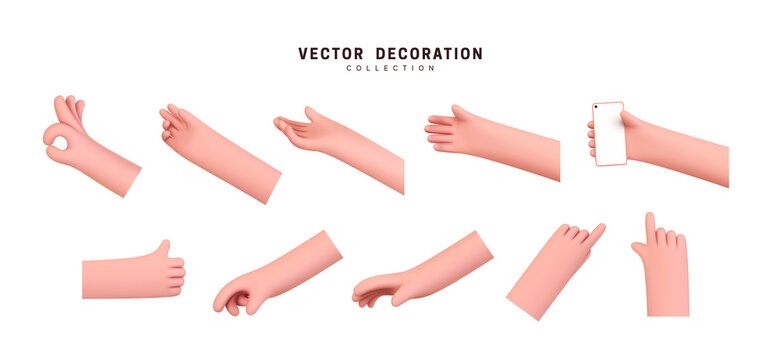 Hands set of realistic 3d design in cartoon style. Hand shows different gestures signs. Vector illustration