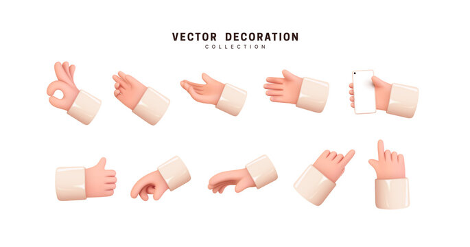 Hands set of realistic 3d design in cartoon style. Hand shows different gestures signs. Vector illustration