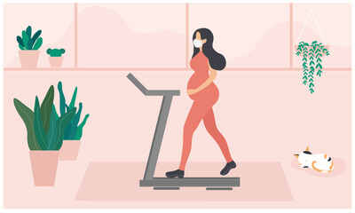 Pregnant woman walking in running treadmill exercise at home vector illustration. Healthy lifestyle concept
