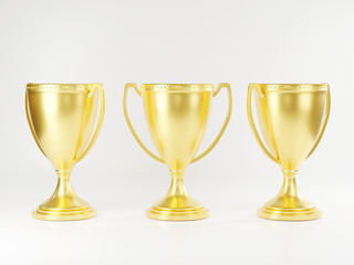 Golden trophy cup, Champion trophy, metallic shiny gold winner cup and victory, Sport game tournament award, studio shot on white background, 3D rendering illustration