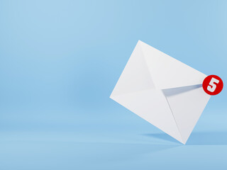 Envelope 3D E-mail icon and five messages notification, New incoming messages unread mail, SMS inbox or mailbox, logotype graphic element design on blue background, 3D rendering illustration