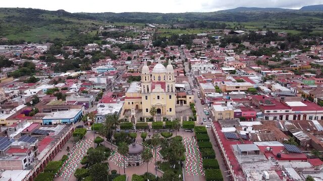 aerial shot of the church and the main garden of union of tula jalisco mexico
