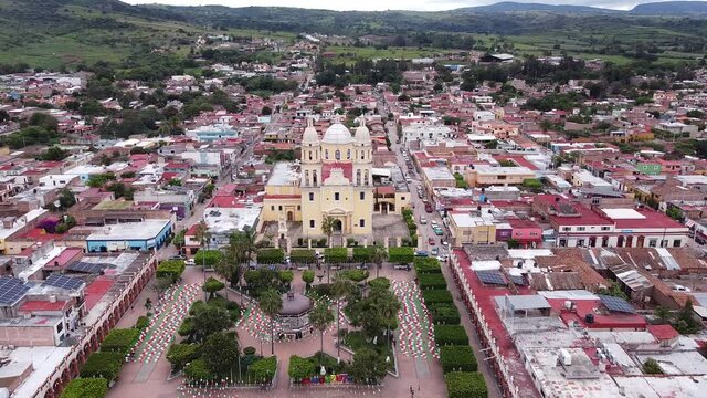 aerial shot of the church and the main garden of union of tula jalisco mexico