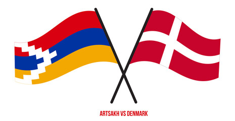 Artsakh and Denmark Flags Crossed And Waving Flat Style. Official Proportion. Correct Colors.