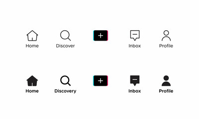 Home, Discover, Add, Inbox, and Profile. Button Icon Set Inspired by Tiktok. Vector Illustration