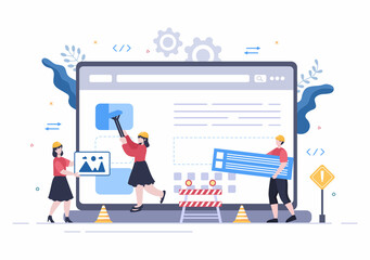 Software System Under Maintenance Vector Illustration. Error Website, Development and Update Webpages on Mobile Application For Poster Template