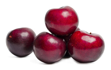 Fresh red plums fruit on white background.