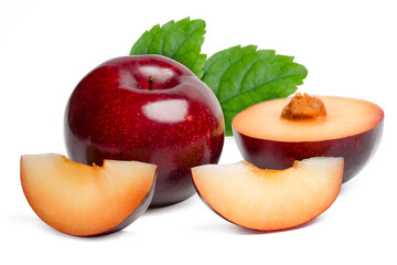 fresh red plums fruit with slice and leaves on white background.