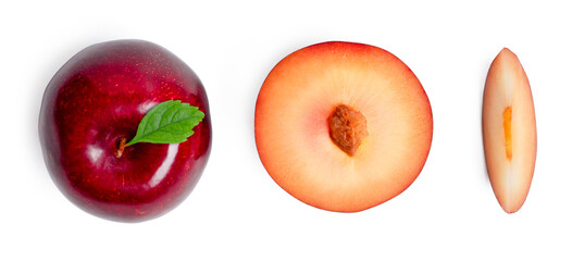 Top view fresh red plums fruit with slice on white background.