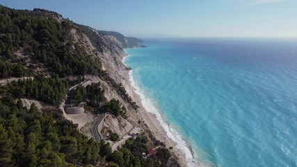 High altitude view of Egremni Beach, basically destroyed after landslide, Greece