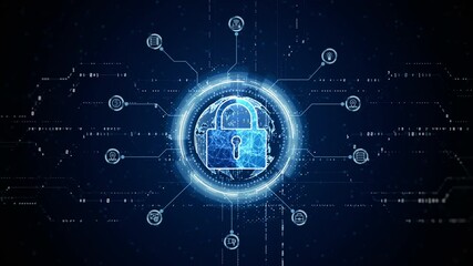 HUD Padlock Icon Cyber Security, Digital Data Network Protection, Future Technology Digital Data Network Connection Background Concept.