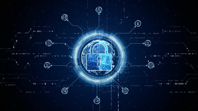 HUD Padlock Icon Cyber Security, Digital Data Network Protection, Future Technology Digital Data Network Connection Background Concept.