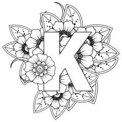 Letter K with Mehndi flower. decorative ornament in ethnic oriental style. coloring book page. 