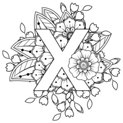 Letter X with Mehndi flower. decorative ornament in ethnic oriental style. coloring book page. 