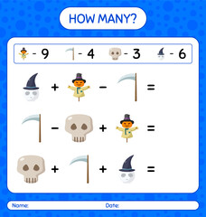 How many counting game with halloween icon. worksheet for preschool kids, kids activity sheet