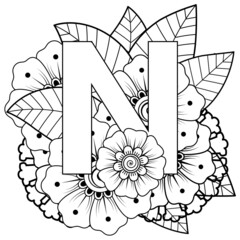 Letter N with Mehndi flower. decorative ornament in ethnic oriental style. coloring book page. 