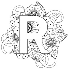 Letter R with Mehndi flower. decorative ornament in ethnic oriental style. coloring book page. 