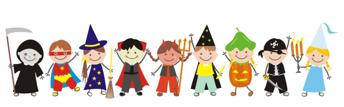 Carnival, Halloween, nine children, girls and boys at masks, funny vector illustration, in a row	