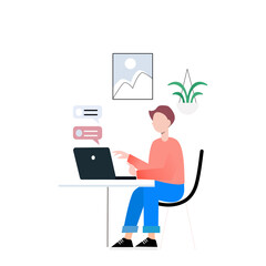 Young man sitting on the chair typing on keyboard and sending messages online.vector design. Freelance working.