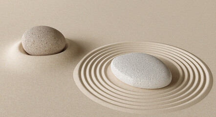 Cosmetic background for product presentation, podium display on Zen circle pattern in sand © Anusorn