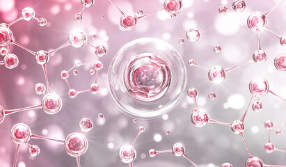 Pink collagen serum or essence bubble, gluta cosmetic product advertising background - obrazy, fototapety, plakaty
