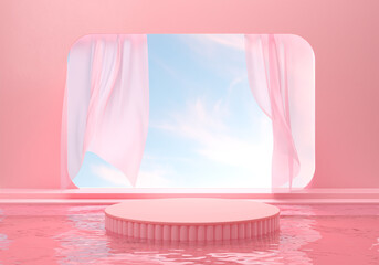 minimal landscape Scene background with Pink pedestal, podium display platform, 3d rendering.