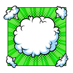 Surprising boom cloud in halftone background for sales and promotions. Green banner template for surprises and bursting events. Vector illustration in pop art style