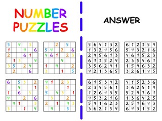 Simple 6 by 6 sudoku set with an answer for kids vector illustration. Funny colorful number puzzle printable worksheet 