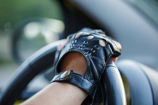 The driver's hands in leather gloves driving a moving car. Woman holding steering wheel in racing gloves