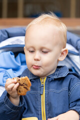A baby is sitting in a stroller with a cookie in his hand