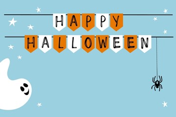 White friendly ghost looks at Halloween decoration Happy Halloween Bunting flags. Hand drawn lettering flat vector Illustration for Festive frame, border, party poster, banner, card on blue background