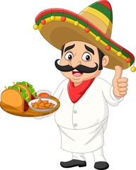 Cartoon Mexican chef with foods giving thumb up