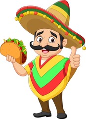 Cartoon mexican man holding taco and giving thumb up - 459381597