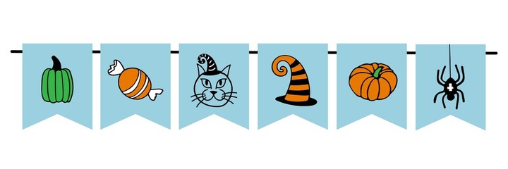 Halloween garland from flags with black cat, candy, pumpkin, witch cap, spider. Bunting Decor for party. Hand drawn Happy Halloween flat vector Illustration for Festive border, party poster, banner