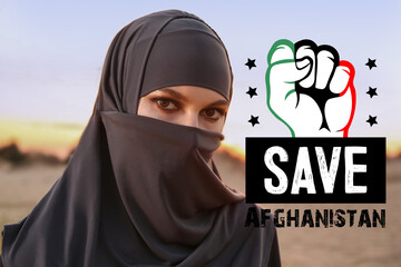 Muslim woman in desert. Save Afghanistan