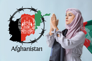 Praying Muslim woman with flag of Afghanistan on light background