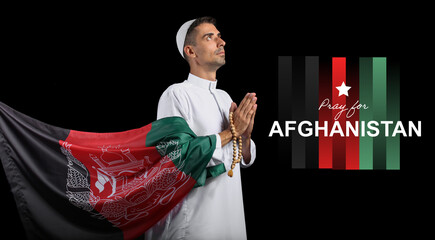 Praying Muslim man with flag of Afghanistan on dark background