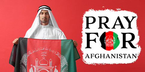 Muslim man with flag of Afghanistan on color background