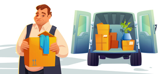 Move to new house, relocation. Man loading boxes in car trunk, delivery service, shipping company porter at open van with household stuff, truck with cardboard containers, Cartoon vector illustration © klyaksun
