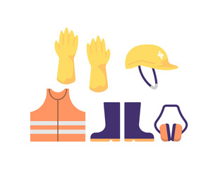 a collection or set of illustrations of safety equipment. helmet, vest, boots, ear plug, safety gloves. equipment for work safety. flat cartoon style. vector design