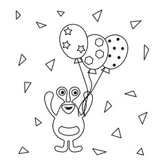 Coloring book for children. Cute cartoon monster with balloons. Black and white vector illustration