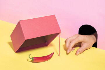 The hand from the burrow wants to steal the chili pepper from the trap. Pastel surreal concept. - obrazy, fototapety, plakaty