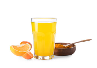 Glass of tasty drink with citrus fruits and turmeric on white background