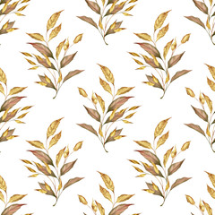 Autumn floral pattern. Brown and gold leaves on white background