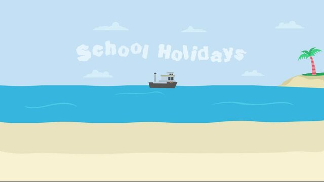 Boat with clouds shaping school holiday text