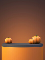 Halloween product mockup background with 3D orange product podium display and pumpkin,3D render illustration