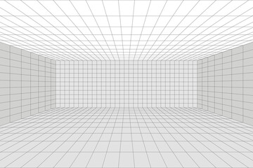 Grid perspective white room with gray wireframe background. Digital cyber box technology model. Vector abstract architectural template