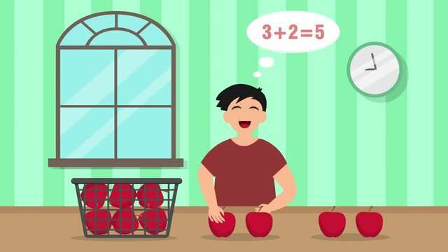 Little boy learning mathematics by counting apple